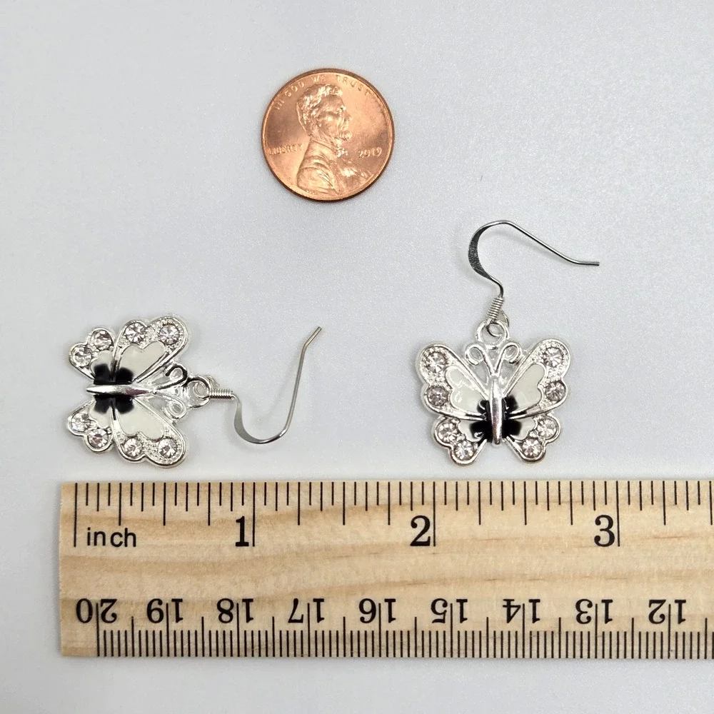 Butterfly Earrings Red White Rhinestone Silvertone Pierced Cute Whimsy Lot Of 2